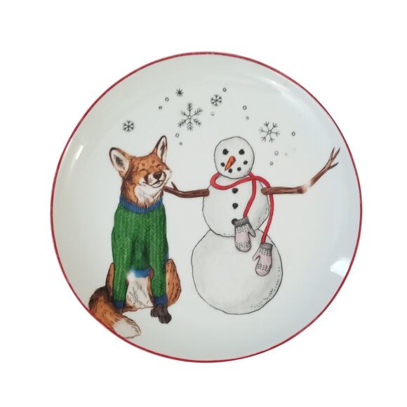 West Elm Rachel Kozlowski Dapper Animal Winter Fox Snowman Plate Salad Dessert - Picture 6 of 8